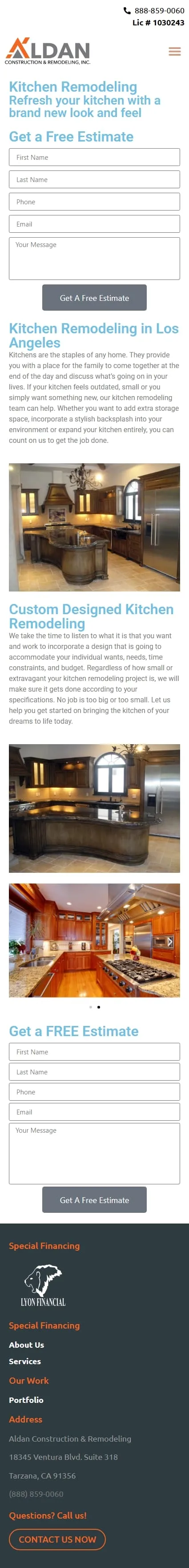 Aldan Construction & Remodeling services kitchen page on mobile