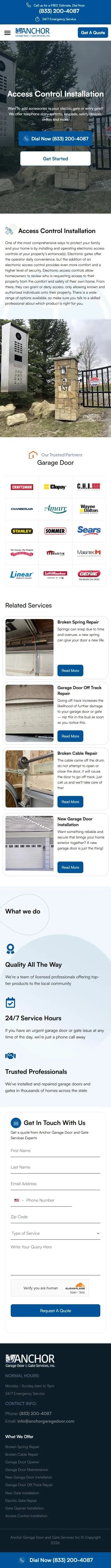 Anchor Garage Door service access control installation page on mobile