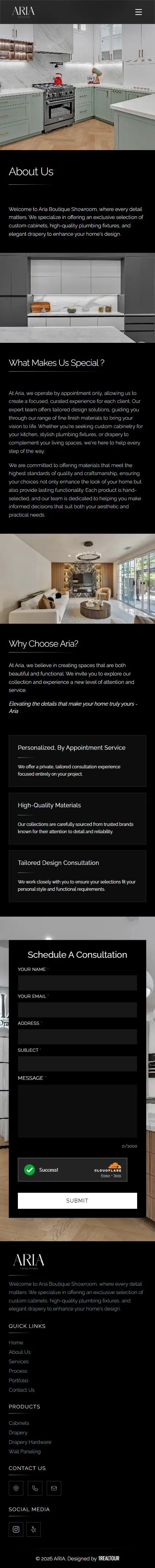 Aria Interior Finishes about us page on mobile