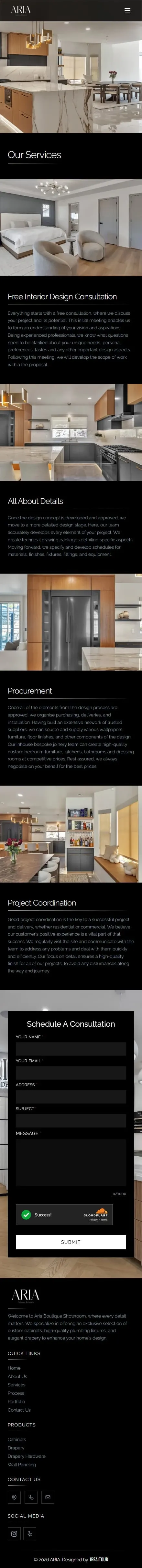 Aria Interior Finishes services page on mobile