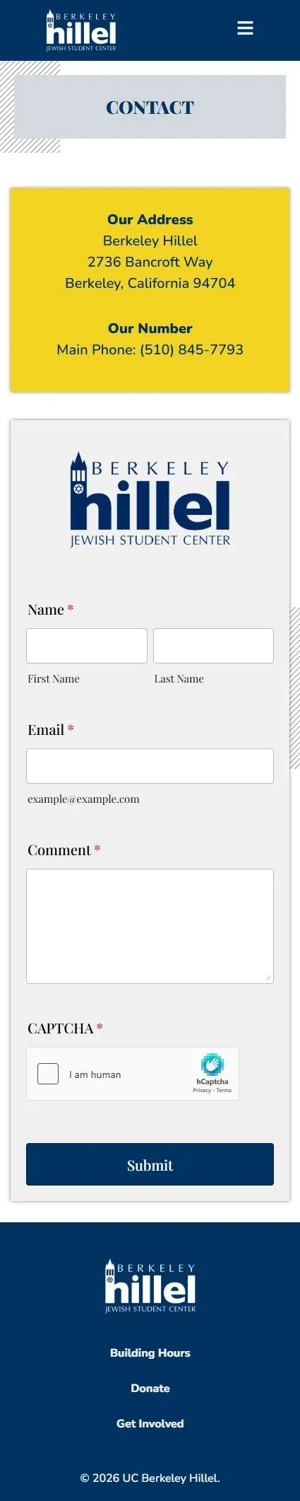 Berkeley Hillel contact page on mobile