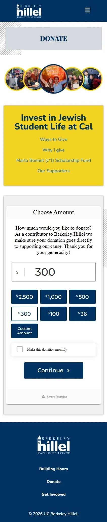 Berkeley Hillel donate page on mobile