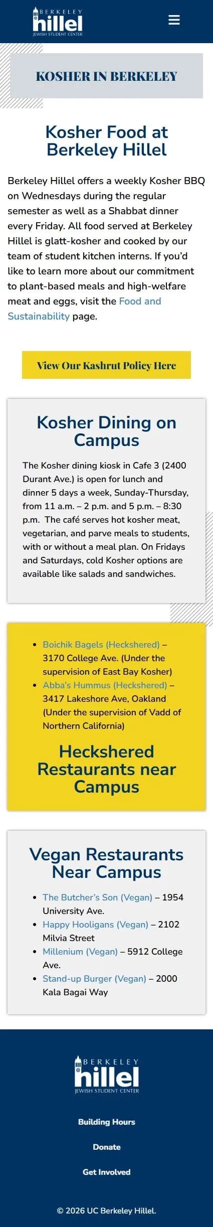 Berkeley Hillel kosher page on mobile