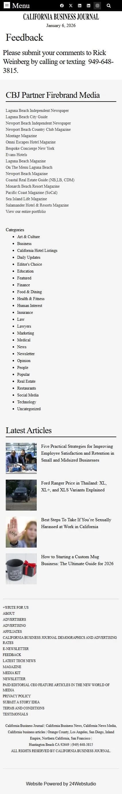 California Business Journal feedback page on mobile