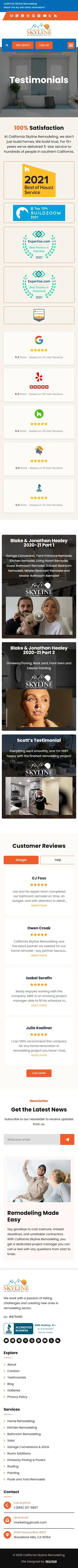 California Skyline Remodeling testimonials page on mobile