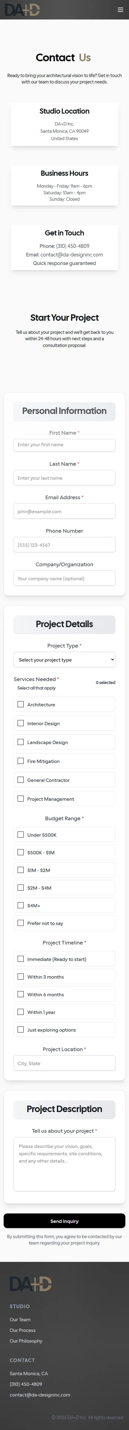 DA+D Architecture & Design contact page on mobile