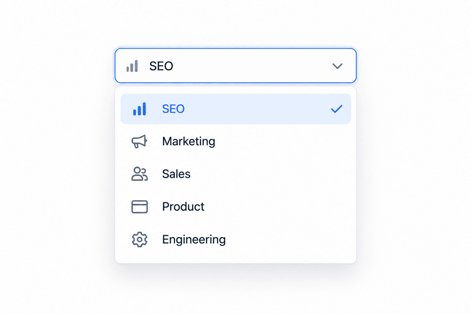 Modern dropdown select menu with a highlighted SEO option and checkmark.