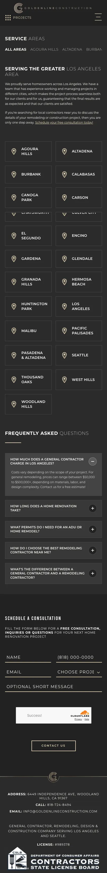 Goldenline Construction service areas page on mobile
