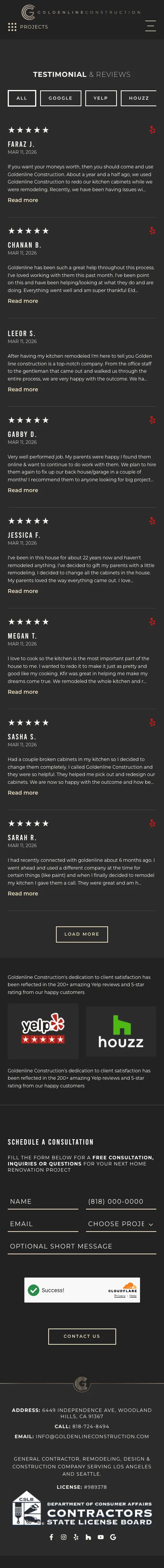 Goldenline Construction testimonials page on mobile