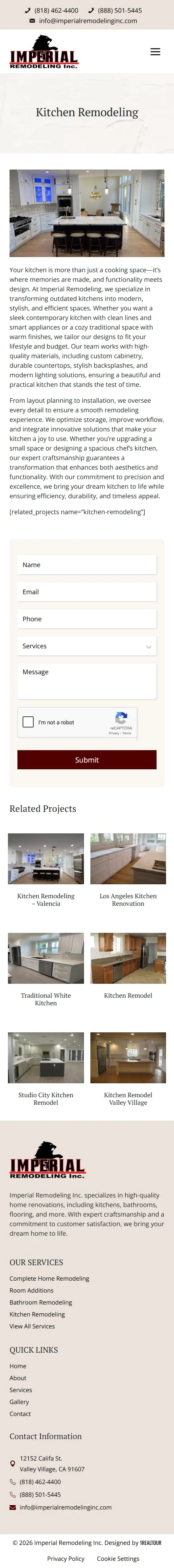 Imperial Remodeling Inc service kitchen page on mobile