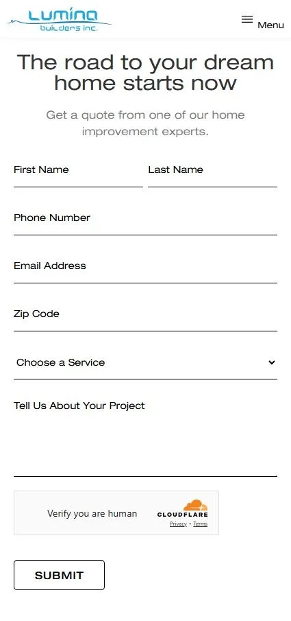 Lumina Builders Inc contact page on mobile