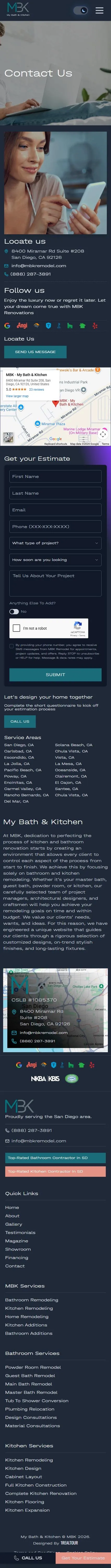 My Bath & Kitchen contact page on mobile