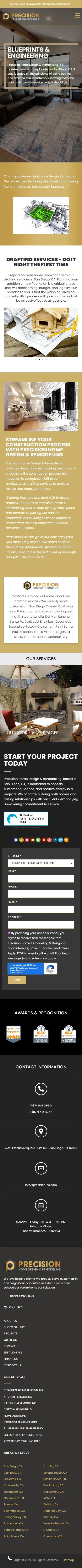 Precision Home Design & Remodeling sd blueprints engineering page on mobile