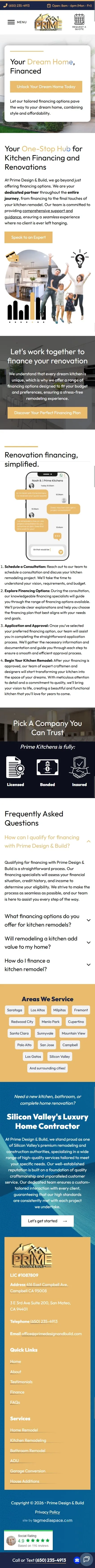 Prime Design and Build finance page on mobile