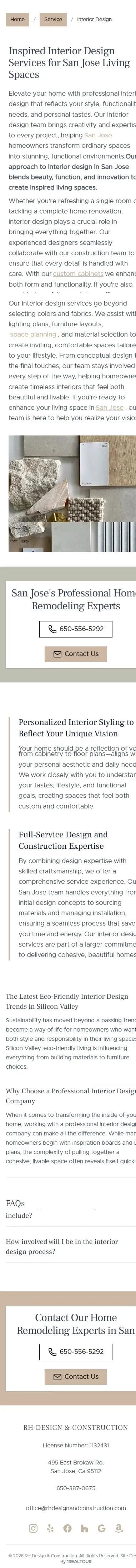 RH Design & Construction vert services interior page on mobile