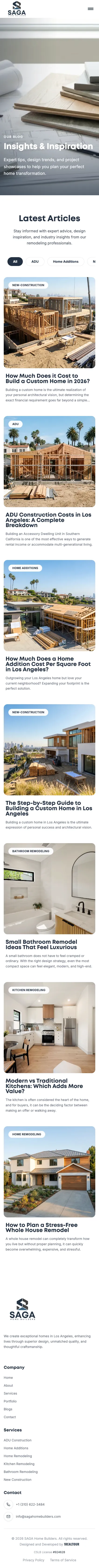 Saga Home Builders blogs page on mobile