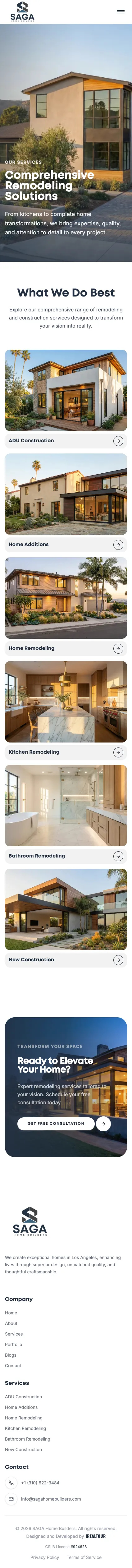 Saga Home Builders services page on mobile