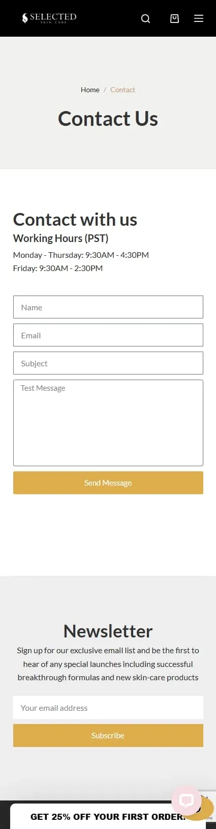 Selected Cosmetics  contact page on mobile