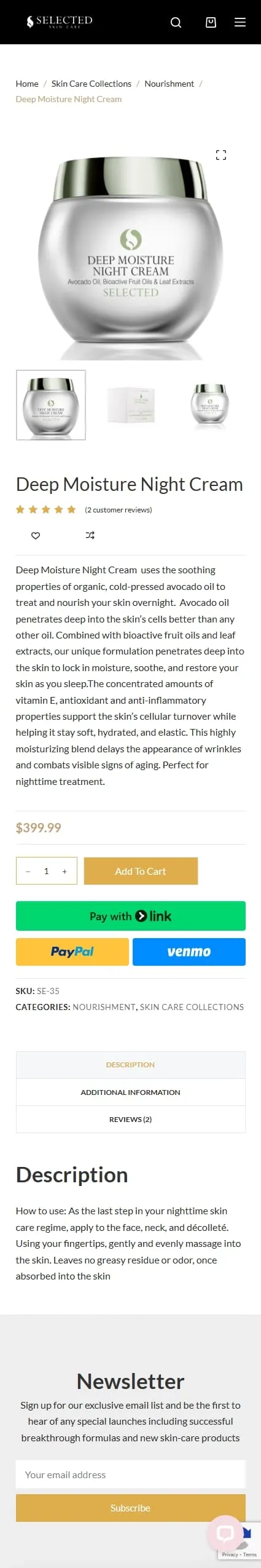Selected Cosmetics  product deep moisture night cream page on mobile