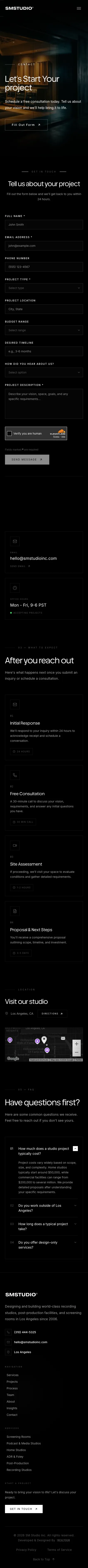 SM Studio contact page on mobile