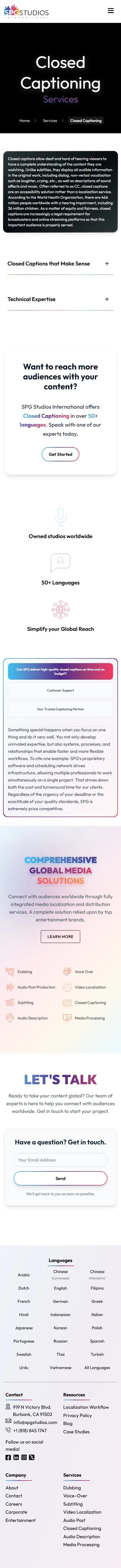 SPG Studios services closed captioning page on mobile