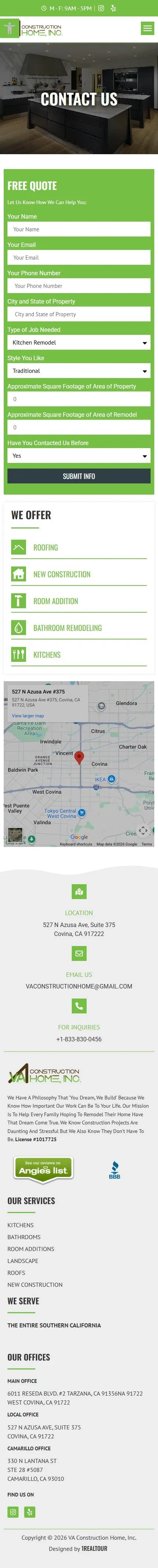 VA Construction Home contact page on mobile