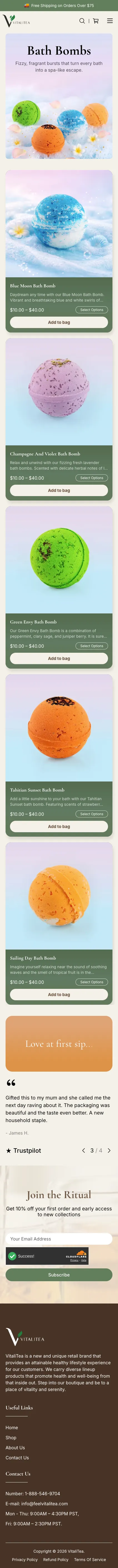 VitaliTea bath bombs page on mobile