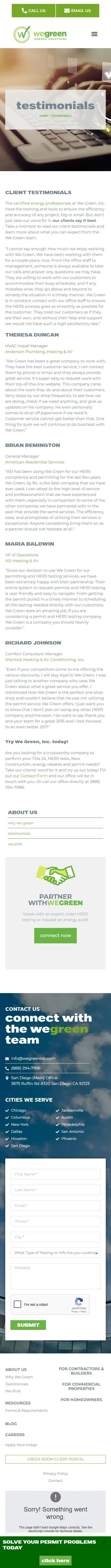 We Green Inc testimonials page on mobile