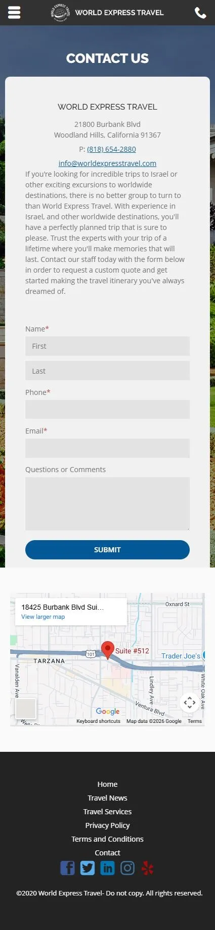 World Express Travel contact page on mobile