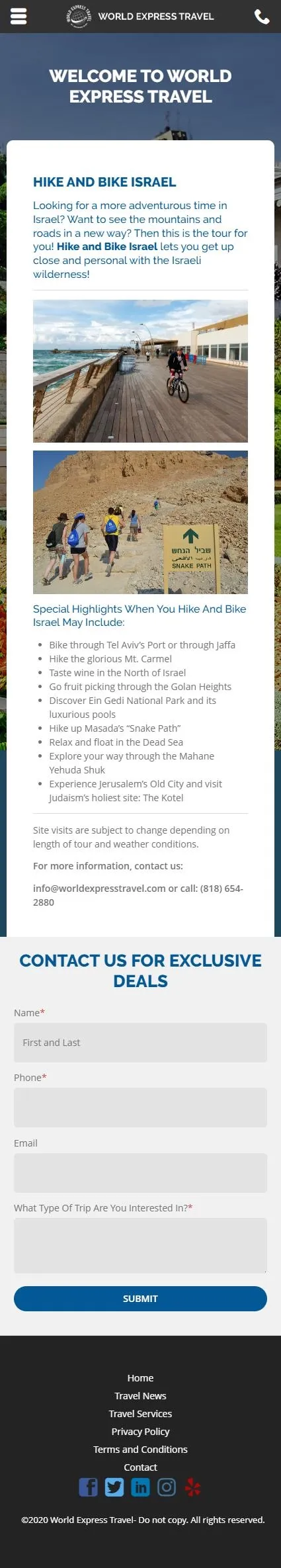 World Express Travel israel tours hike bike israel page on mobile