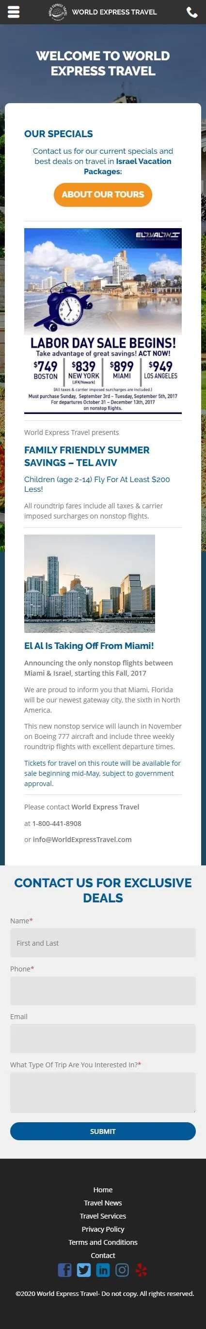 World Express Travel specials page on mobile