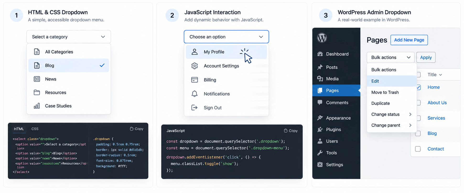 Three UI panels showing HTML/CSS, JavaScript, and WordPress dropdown menu implementations.