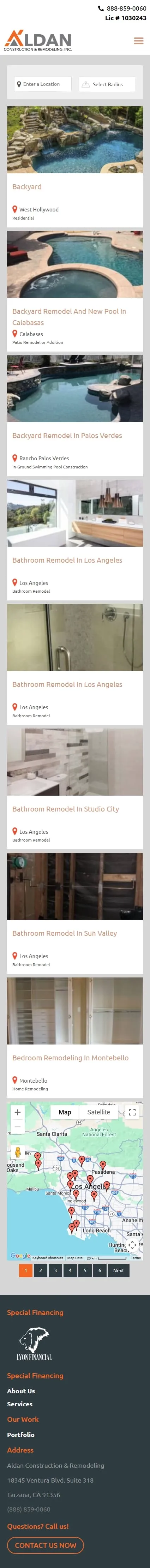 Aldan Construction & Remodeling project search page on mobile