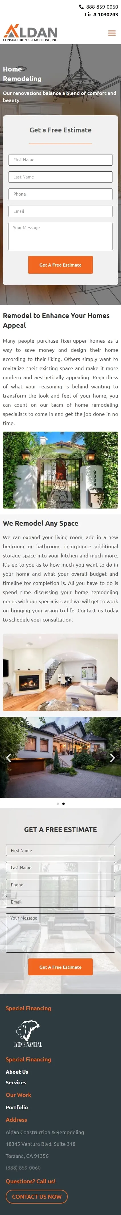 Aldan Construction & Remodeling services full home page on mobile