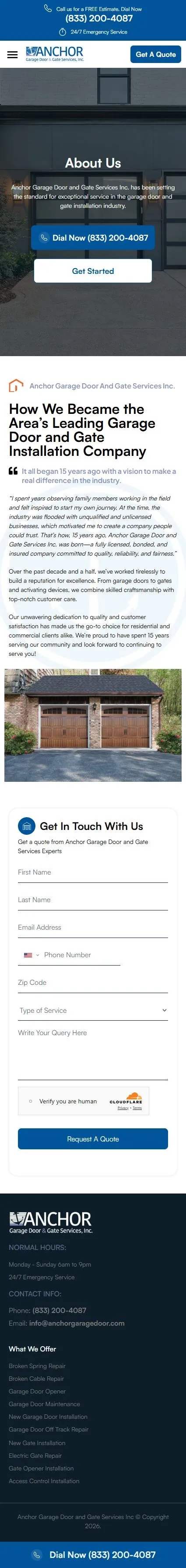 Anchor Garage Door about us page on mobile