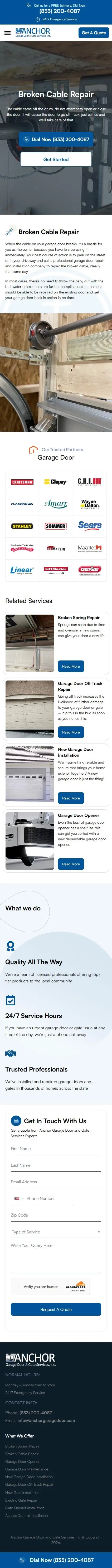 Anchor Garage Door service broken cable repair page on mobile