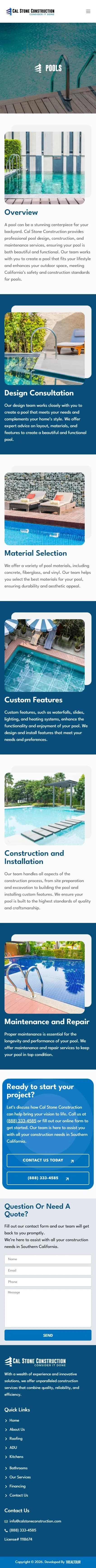 Cal Stone Construction services pools page on mobile