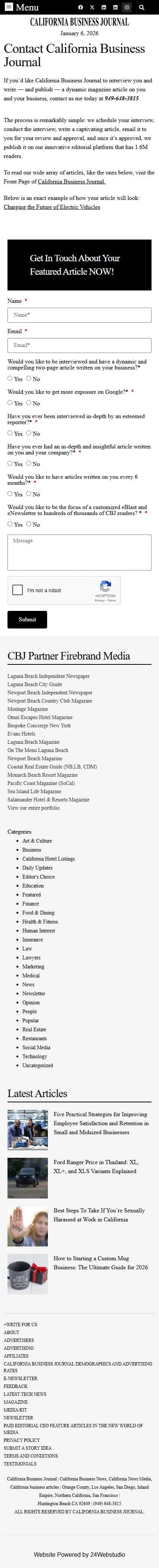 California Business Journal contact page on mobile