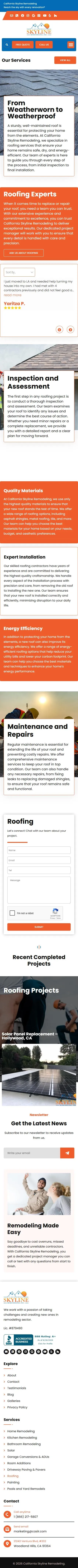 California Skyline Remodeling roofing page on mobile