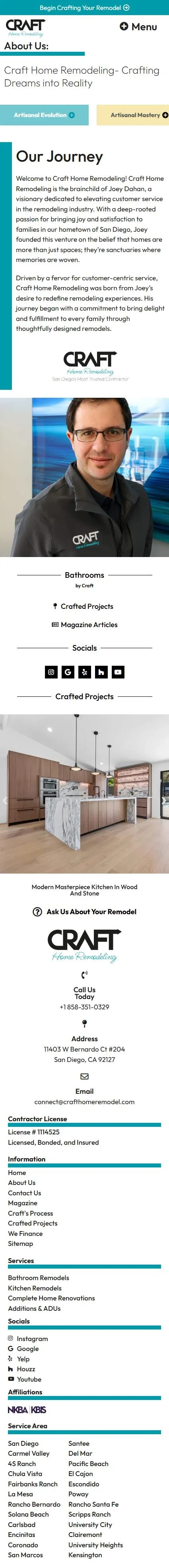 Craft Home Remodel about us page on mobile