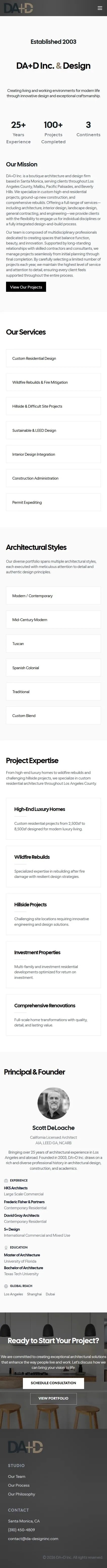 DA+D Architecture & Design about page on mobile
