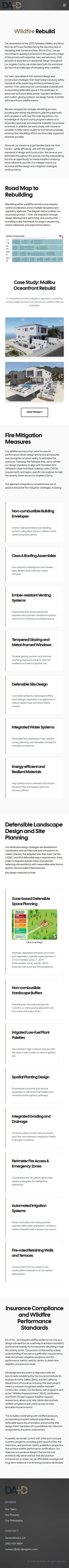DA+D Architecture & Design wildfirerebuild page on mobile