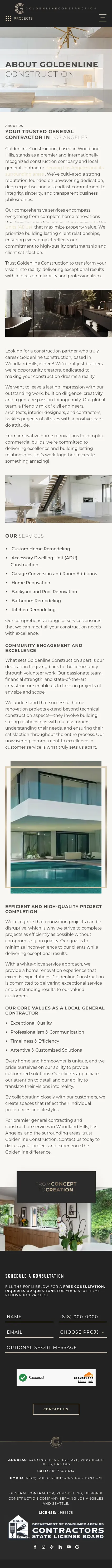 Goldenline Construction about us page on mobile