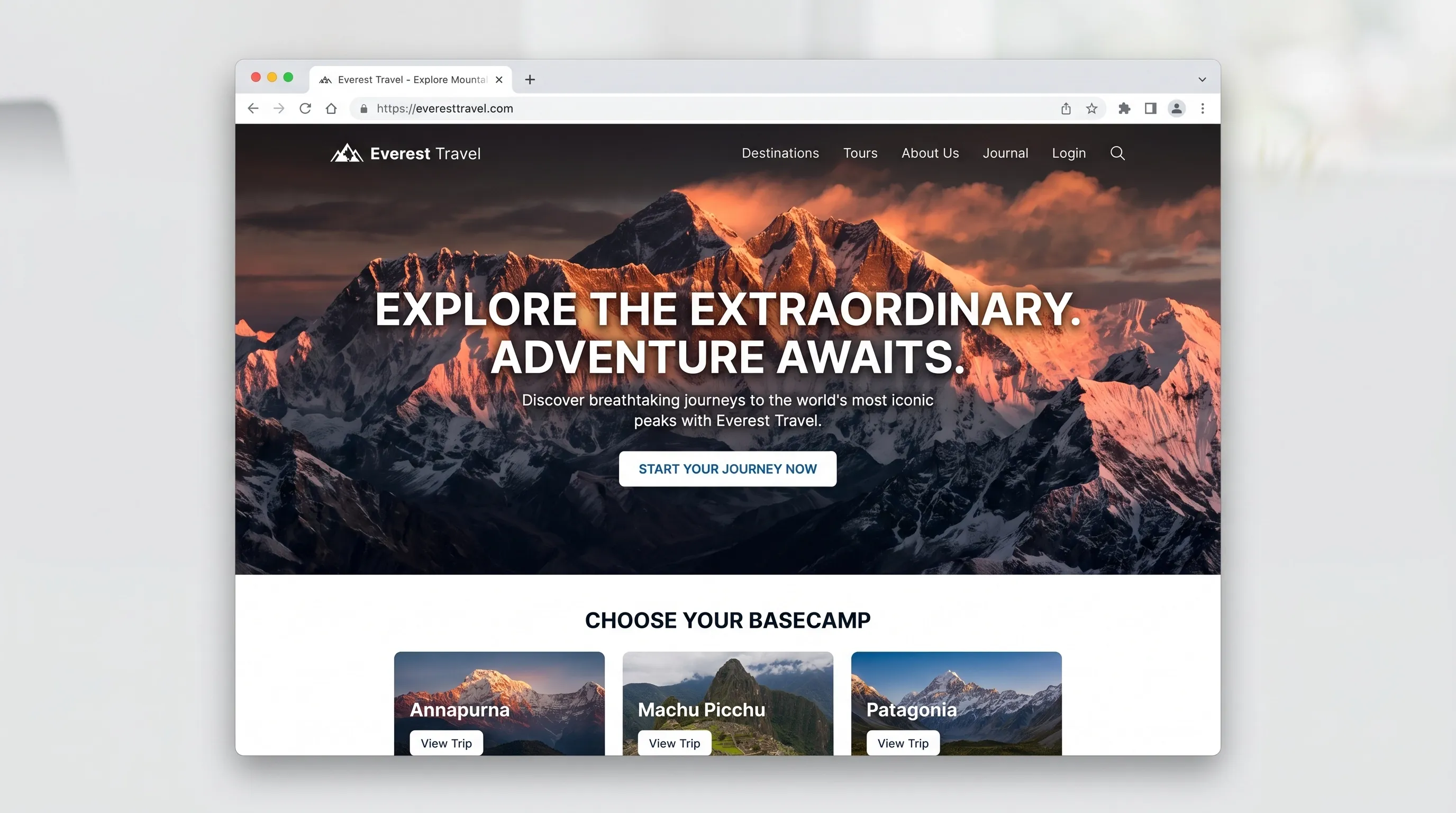 showing a landing page with a striking mountain sunrise hero image.