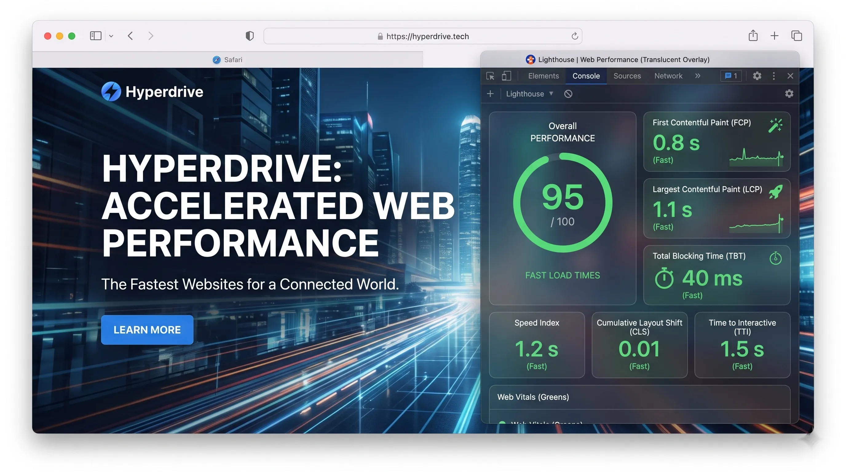 Webpage hero section with a developer tools overlay showing high performance speed scores.