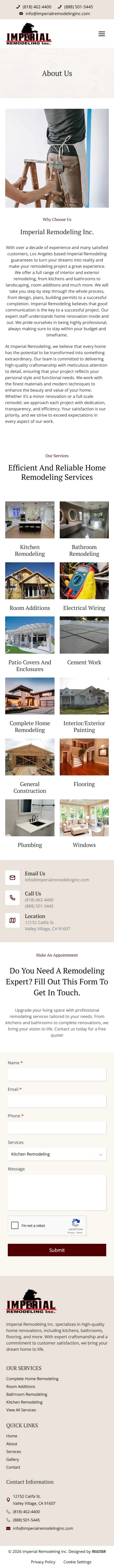 Imperial Remodeling Inc about page on mobile