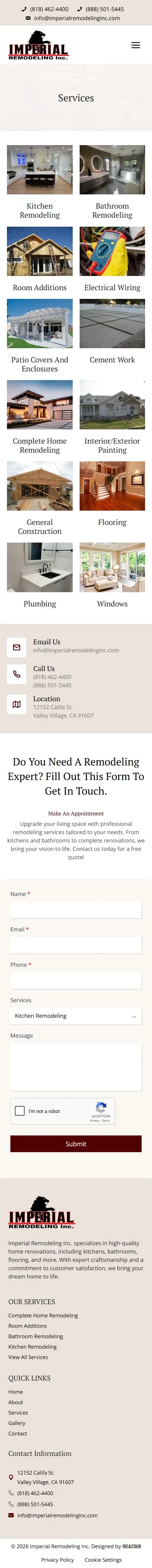 Imperial Remodeling Inc services page on mobile