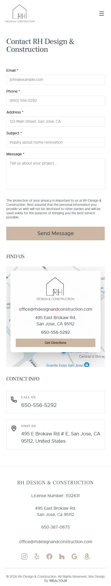 RH Design & Construction vert contact us page on mobile