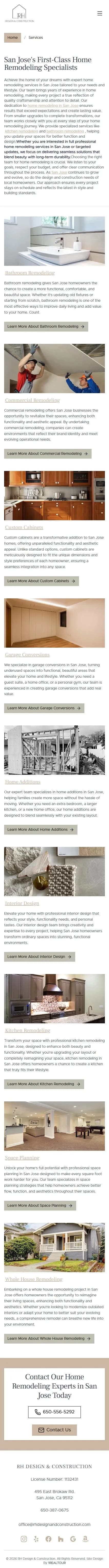 RH Design & Construction vert services page on mobile