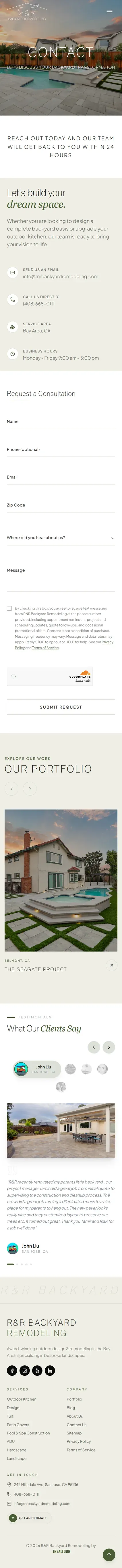R&R Backyard Remodeling contact page on mobile
